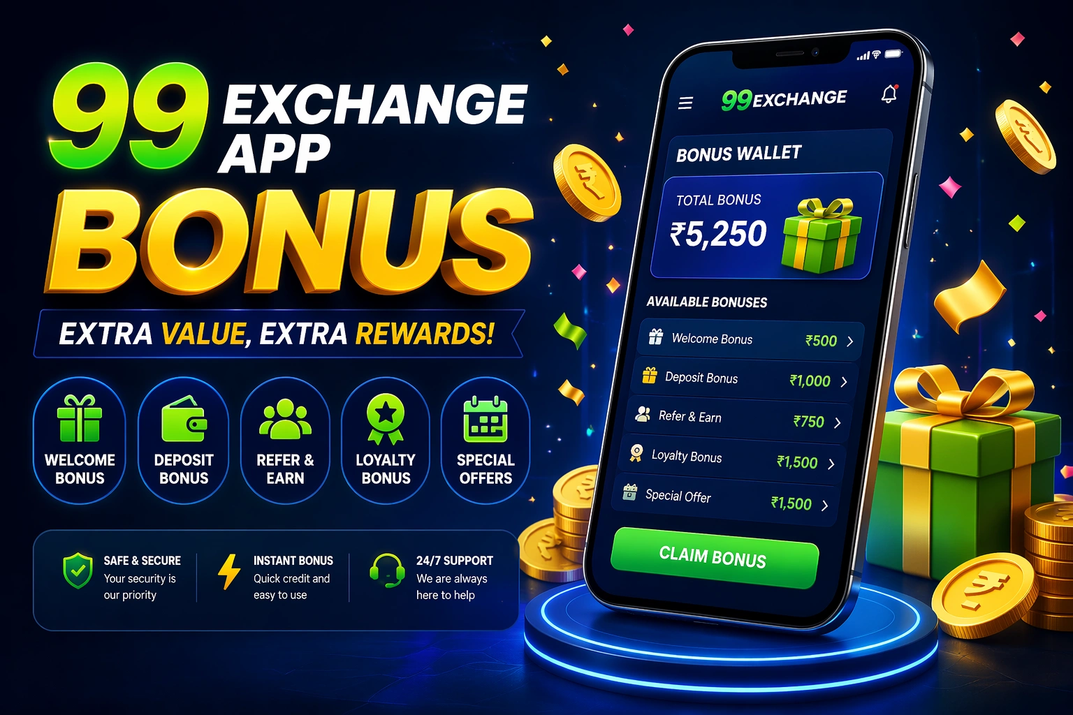 99 Exchange App Bonus offers and rewards on mobile interface