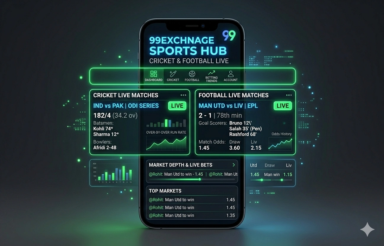 99 Exchange App dashboard showing live sports interface on mobile